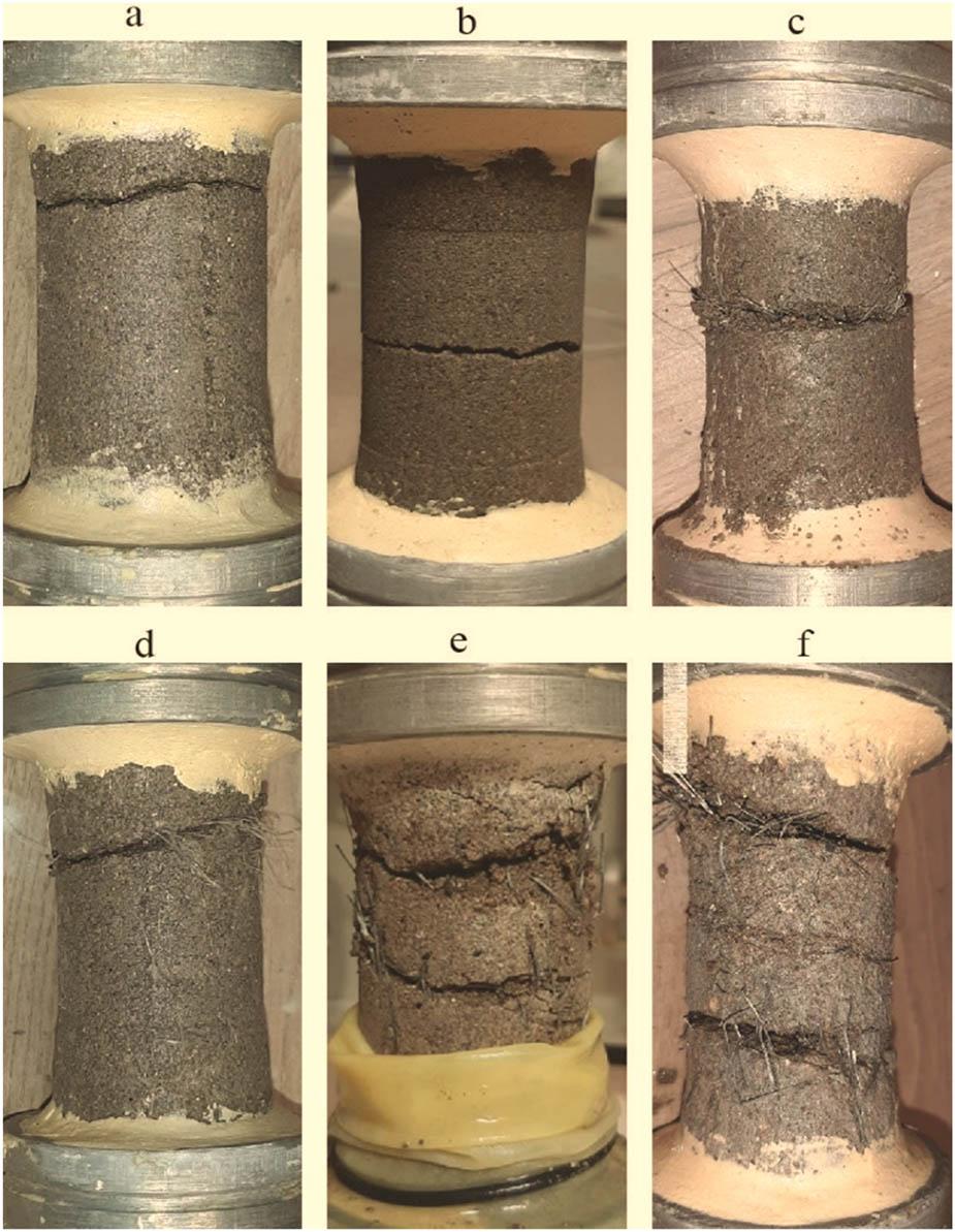 Fracture mode: (a) CP = 300 kPa, CC = 3.0%, and FC = 0.0%; (b) CP = 300 kPa, CC = 5.0%, and FC = 0.0%; (c) CP = 200 kPa, CC = 3.0%, and FT = TYPE I; (d) CP = 300 kPa, CC = 5.0%, and FT = TYPE II; (e) CP = 100 kPa, CC = 3.0%, and FT = TYPE II; and (f) CP = 200 kPa, CC = 5.0%, and FT = TYPE II.