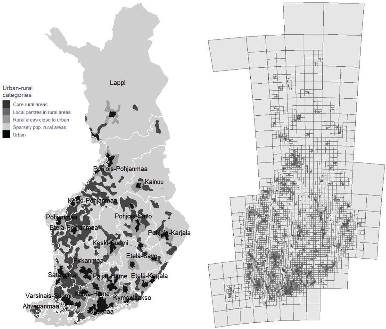 Urban-rural categories, regions, and mobile phone data grids in Finland. In the Figure, urban classes have been combined into a single class to make urban areas stand out more clearly.