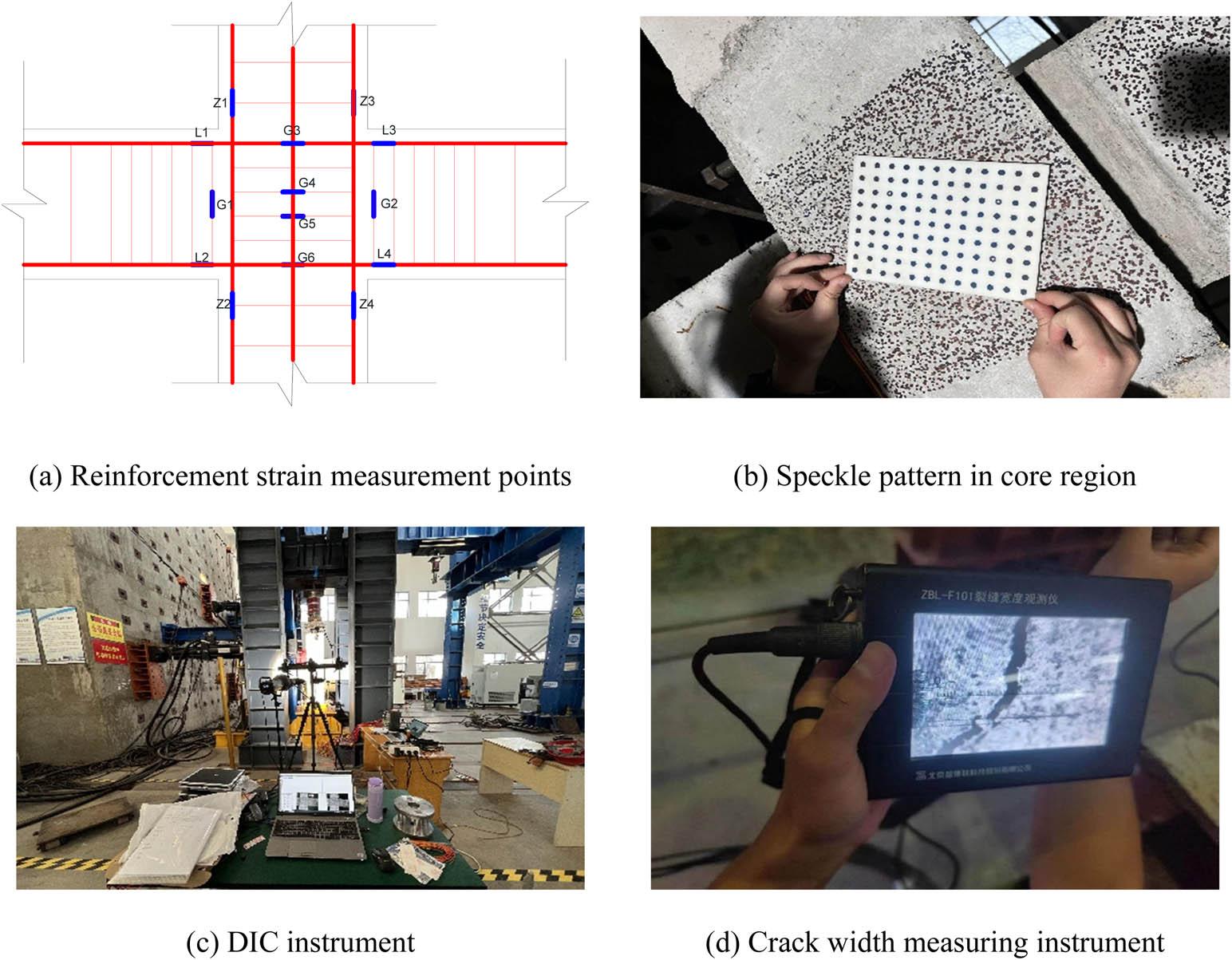 Layout of measuring points and measurement methods. (a) Reinforcement strain measurement points, (b) speckle pattern in the core region, (c) DIC instrument, and (d) crack width measuring instrument.