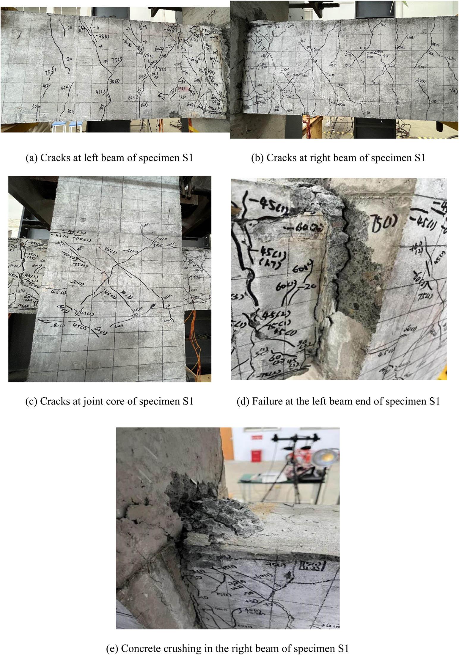 Crack distribution and failure features of cast-in-place specimen S1. (a) Cracks at the left beam of specimen S1, (b) cracks at the right beam of specimen S1, (c) cracks at the joint core of specimen S1, (d) failure at the left beam end of specimen S1, and (e) concrete crushing in the right beam of specimen S1.