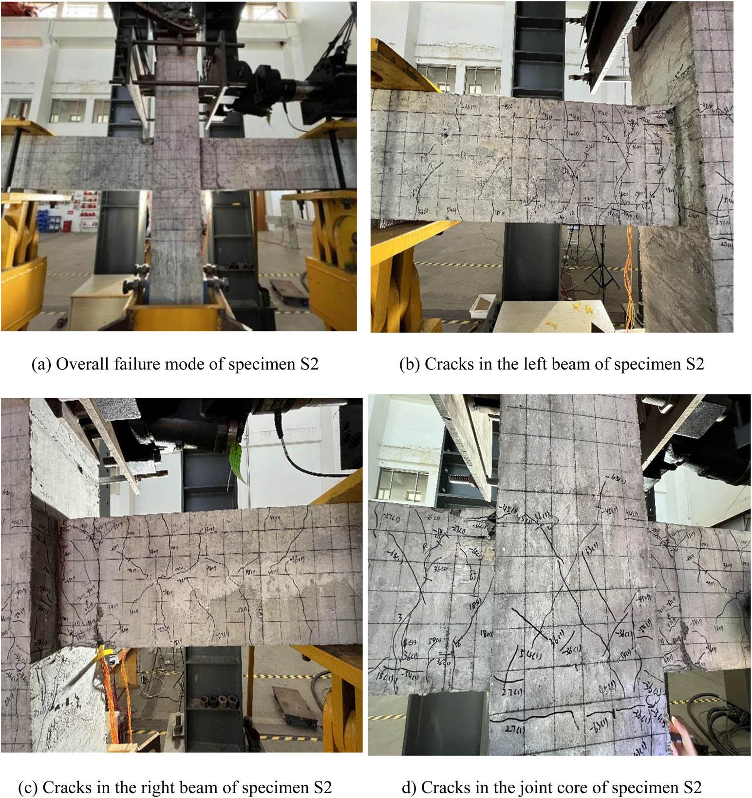Crack development and failure characteristics of precast non-prestressed specimen S2. (a) Overall failure mode of specimen S2, (b) cracks in the left beam of specimen S2, (c) cracks in the right beam of specimen S2, and (d) cracks in the joint core of specimen S2.