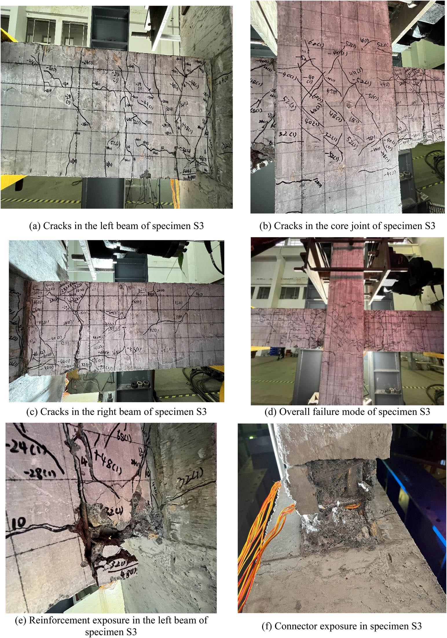 Crack development and failure characteristics of precast prestressed specimen S3. (a) Cracks in the left beam of specimen S3, (b) cracks in the core joint of specimen S3, (c) cracks in the right beam of specimen S3, (d) overall failure mode of specimen S3, (e) reinforcement exposure in the left beam of specimen S3, and (f) connector exposure in specimen S3.