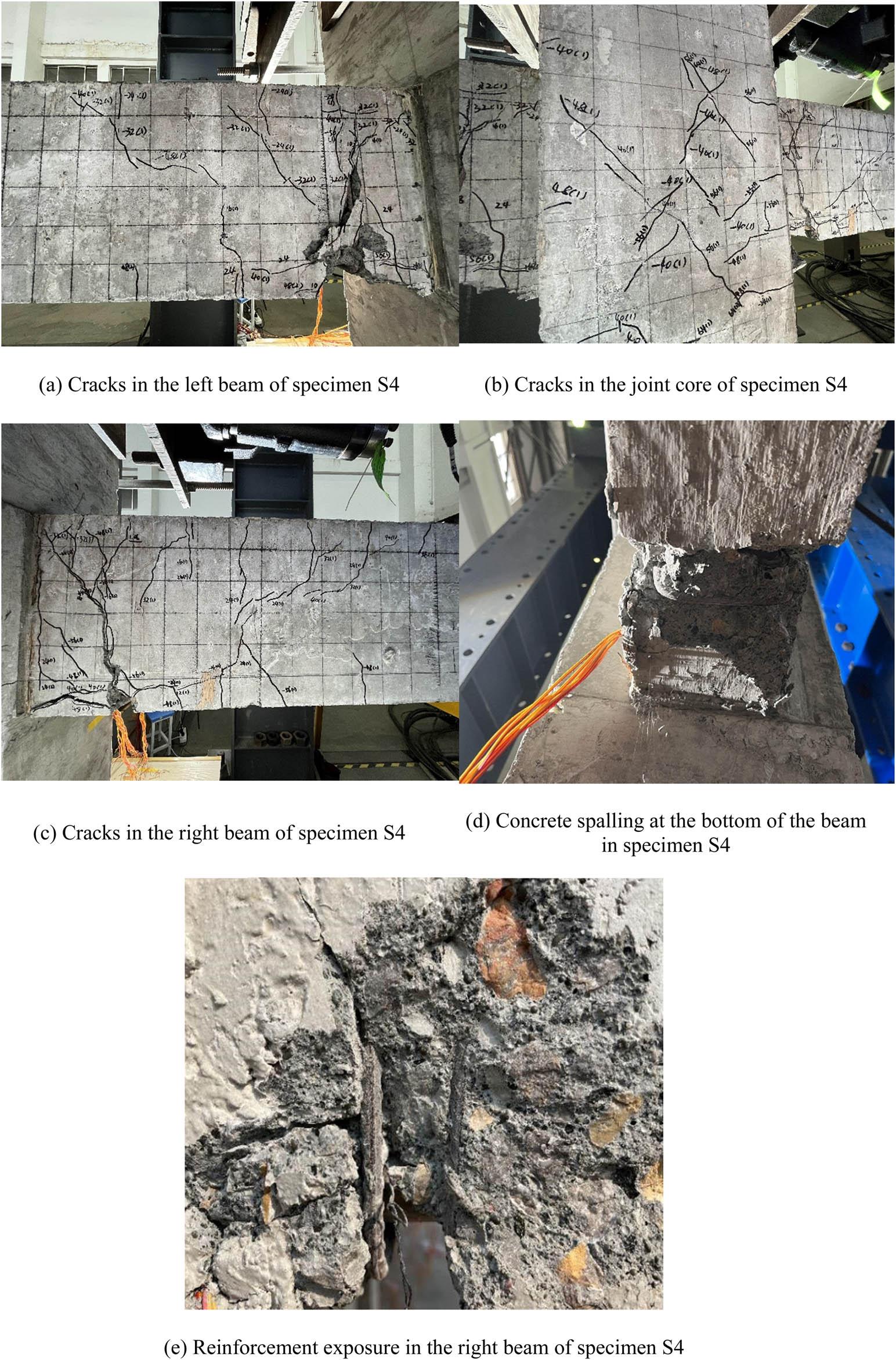 Crack propagation and beam-end damage in precast prestressed specimen S4. (a) Cracks in the left beam of specimen S4, (b) cracks in the joint core of specimen S4, (c) cracks in the right beam of specimen S4, (d) concrete spalling at the bottom of the beam in specimen S4, and (e) reinforcement exposure in the right beam of specimen S4.
