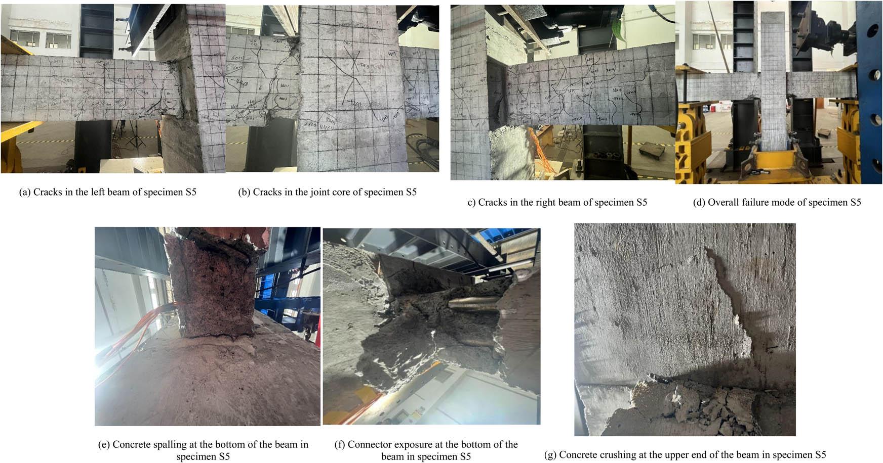 Cracking, connector exposure, and spalling in precast prestressed specimen S5. (a) Cracks in the left beam of specimen S5, (b) cracks in the joint core of specimen S5, (c) cracks in the right beam of specimen S5, (d) overall failure mode of specimen S5, (e) concrete spalling at the bottom of the beam in specimen S5, (f) connector exposure at the bottom of the beam in specimen S5, and (g) concrete crushing at the upper end of the beam in specimen S5.