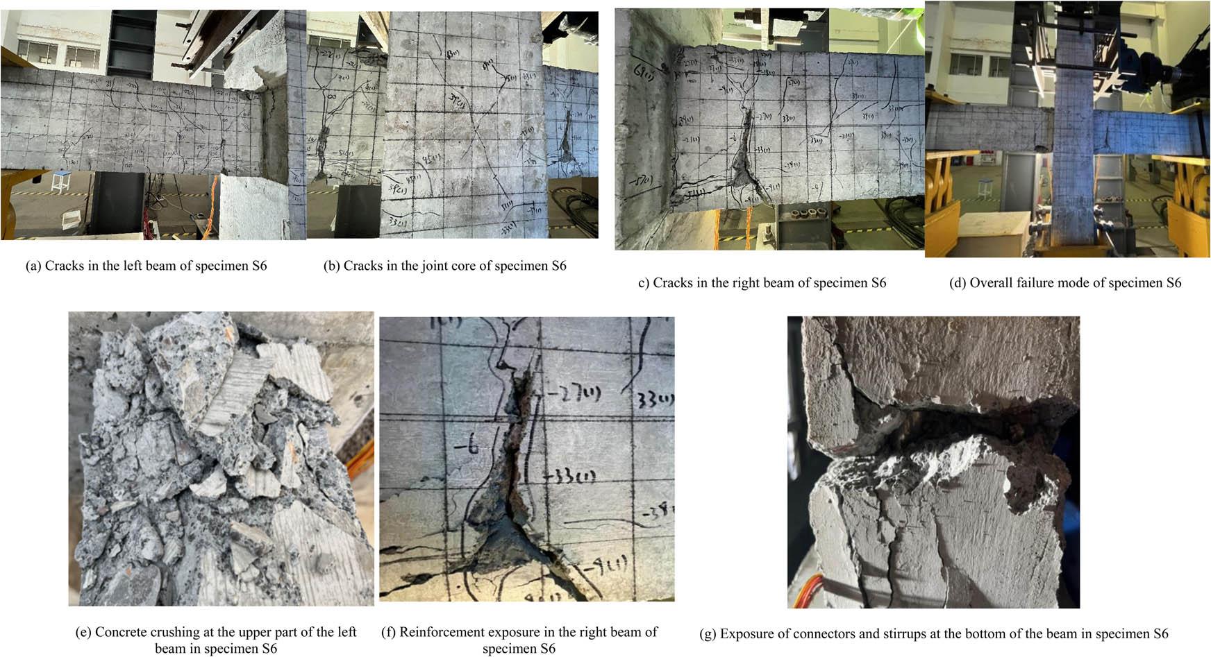 Severe cracking and reinforcement exposure in precast prestressed specimen S6. (a) Cracks in the left beam of specimen S6, (b) cracks in the joint core of specimen S6, (c) cracks in the right beam of specimen S6, (d) overall failure mode of specimen S6, (e) concrete crushing at the upper part of the left beam in specimen S6, (f) reinforcement exposure in the right beam of specimen S6, and (g) exposure of connectors and stirrups at the bottom of the beam in specimen S6.