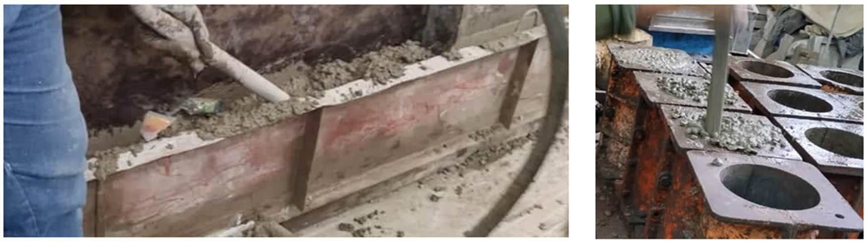 Concrete pouring of the beam specimens and cylinders.