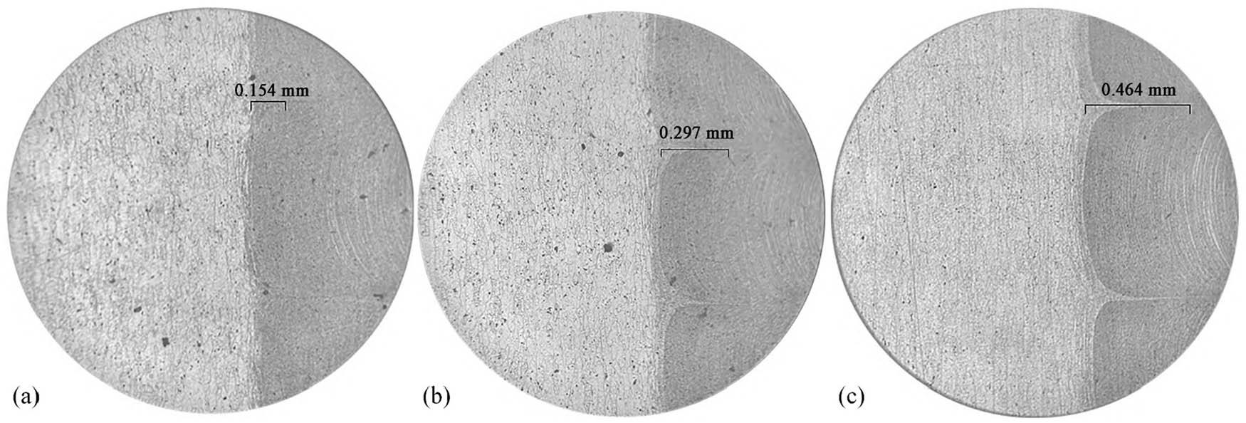 Microstructure of the cross section of the additive zone under different tool plunge depths: (a) 2.40 mm, (b) 2.60 mm, and (c) 2.80 mm.