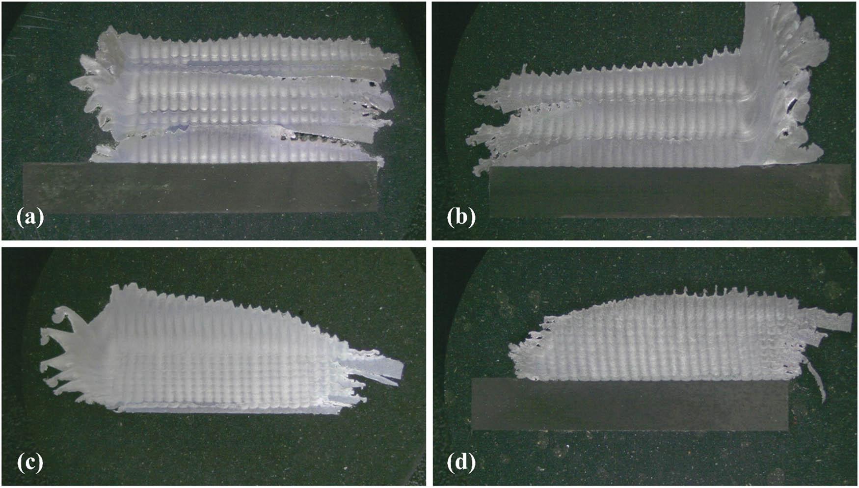 Surface morphology of the additive zone with different traverse speeds. (a) 47.5 mm/min, (b) 23.5 mm/min and rotational speeds, (c) 600 rpm, and (d) 1,000 rpm.