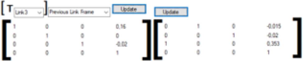 Form of the homogeneous transformation matrix; from the left to the right: form of the third joint relative to the robot arm end; form of the arm end relative to the base coordinate system (source: RoboAnalyzer)