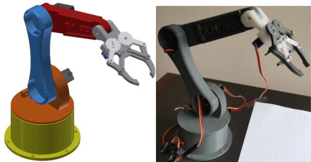 Model view of the first manipulator (left side) and view of the finished construction of the first manipulator (right side)