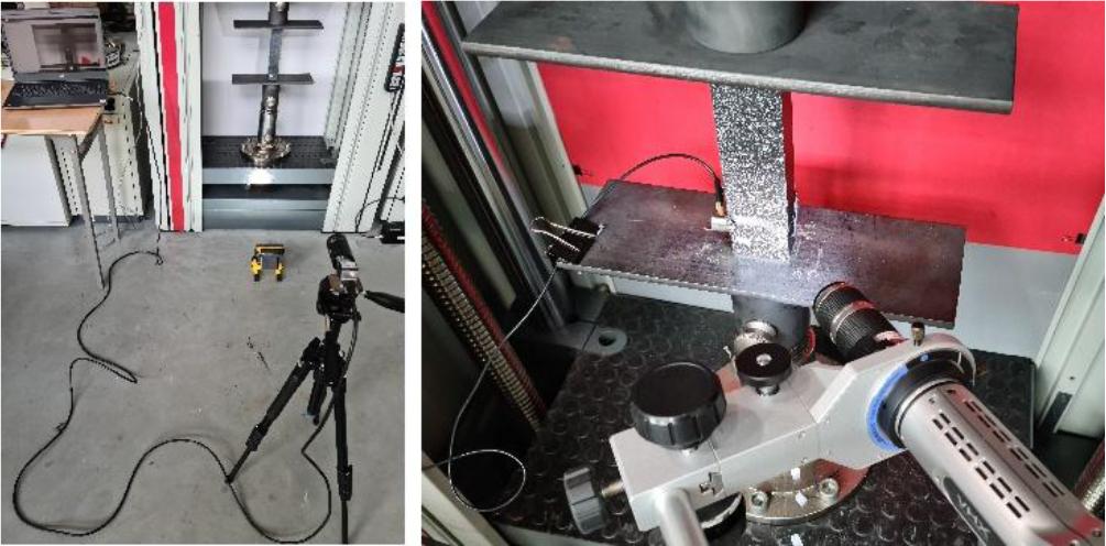 Specimen in the Z100 Zwick electromechanical testing machine at DIC system