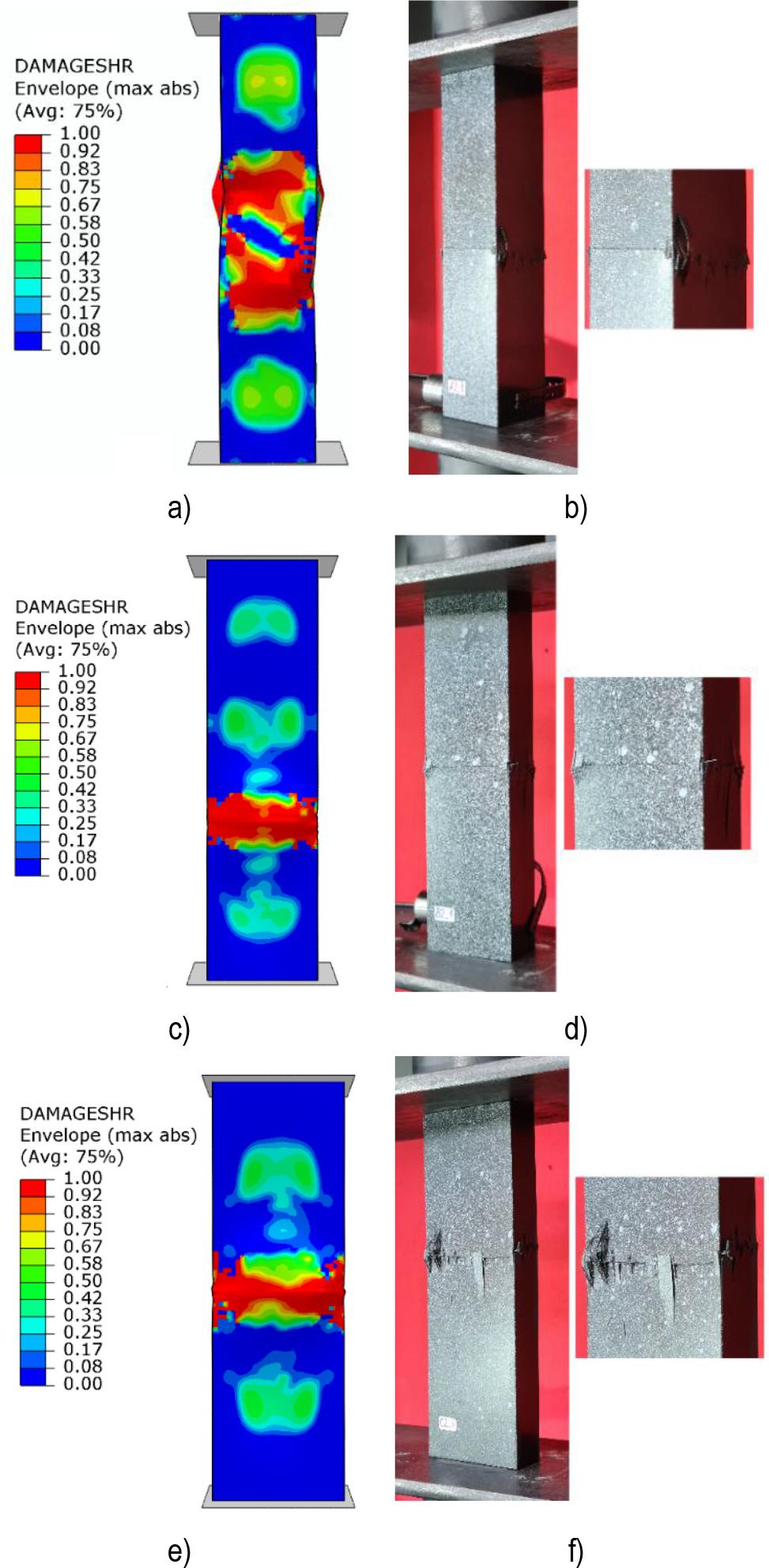 Fracture modes: a) A specimen (FEM), b) A specimen (EXP), c) B specimen (FEM), d) B specimen (EXP), e) C specimen (FEM), c) C specimen (EXP)