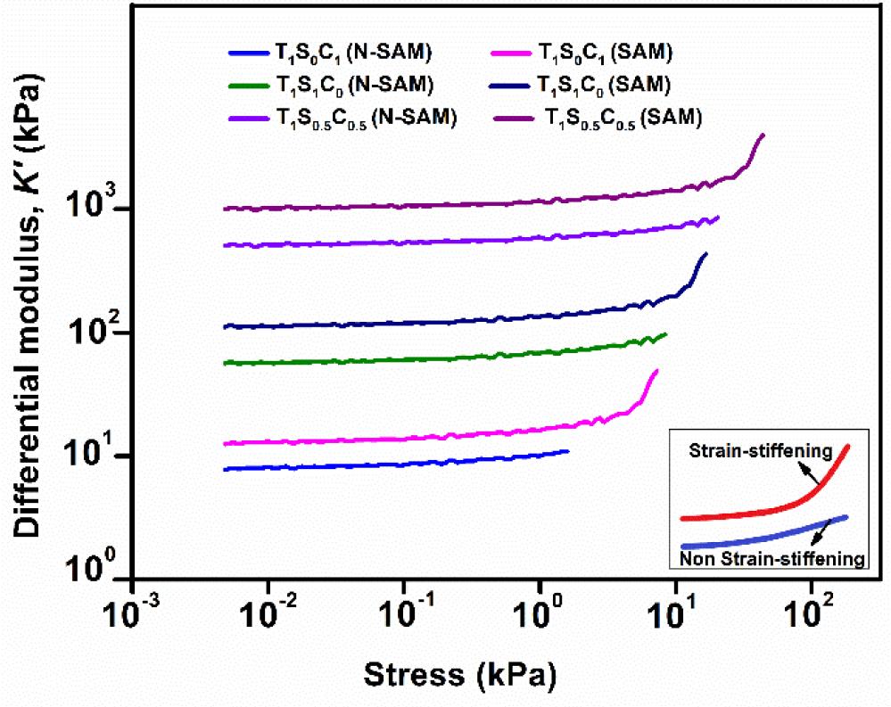 Strain-stiffening curves of TSC polyampholyte