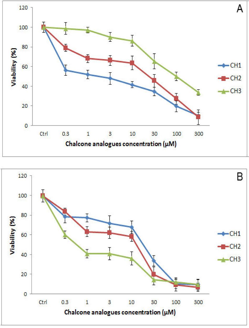 The effects of the various concentrations of new chalcone analogues on viability of HeLa cancer cells after 24 h treatment (A) and 48 h (B). Viability was quantified by MTT assay. Results are mean ± SD of three experiments (p<0.05)