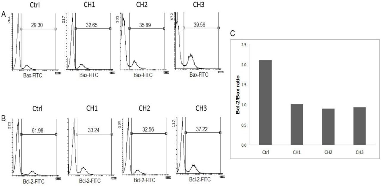 Expression of apoptosis-related proteins in untreated (control) and treated HeLa cells presented by histograms (Fig. 6 A and B) and bar chart (Fig 6. C). The mean fluorescence intensity (MFI) of Bax (A) and Bcl-2 staining (B) are indicated on histograms. Bar chart (C) showing Bcl-2/Bax ratio in untreated and treated cells.