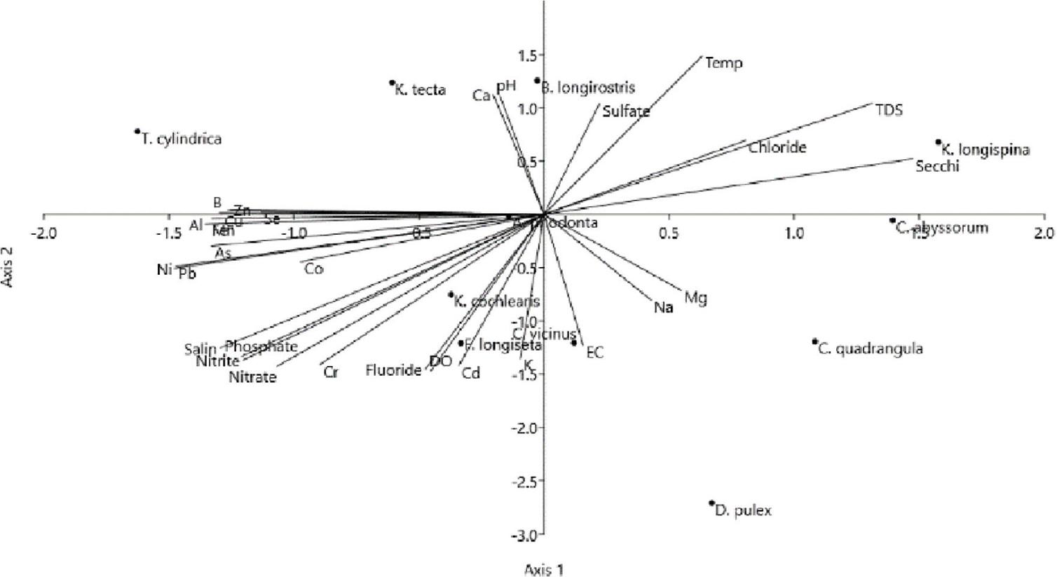 CCA between physicochemical variables and zooplankton taxa. CCA, canonical correlation analysis.