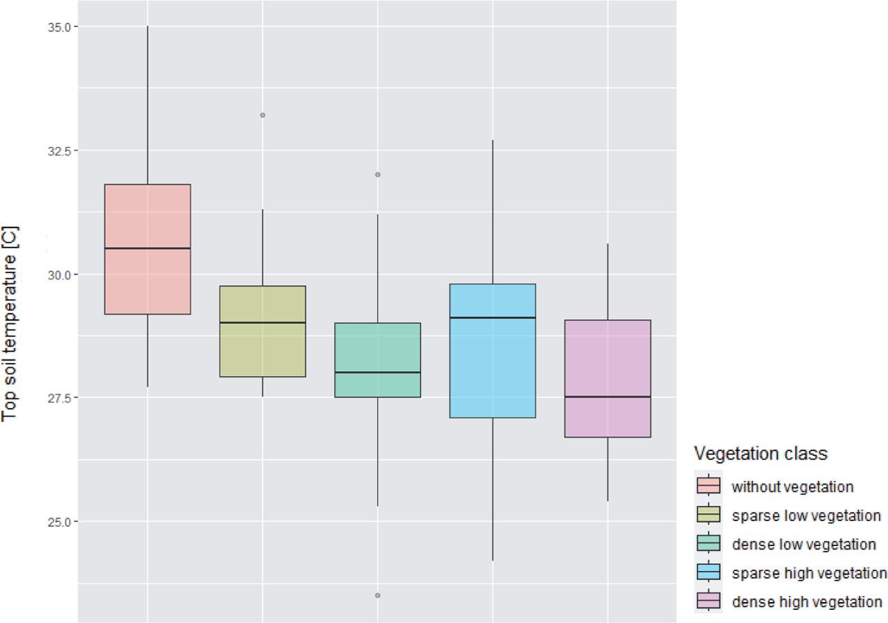 Boxplot illustrating topsoil temperature (TST) across different vegetation typesSource: own elaboration.