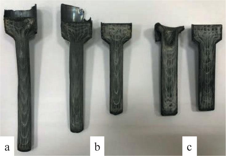 Image of samples with a coordinate grid applied after the hot extrusion process: a – for a sample with a final diameter of 10 mm; b – for samples with a final diameter of 12 mm; c – for samples with a final diameter of 14 mmSource: own elaboration.
