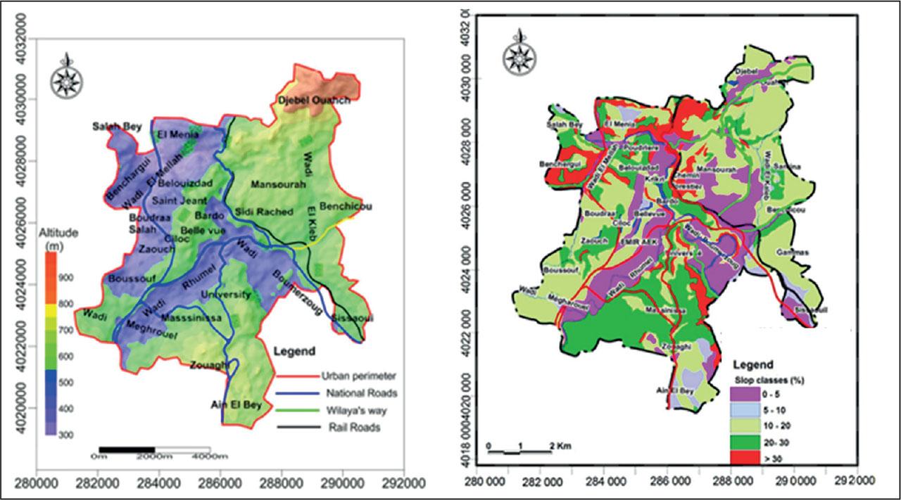 Altimetry and slope maps of the city of Constantine
Source: Bourenane et al. (2015).