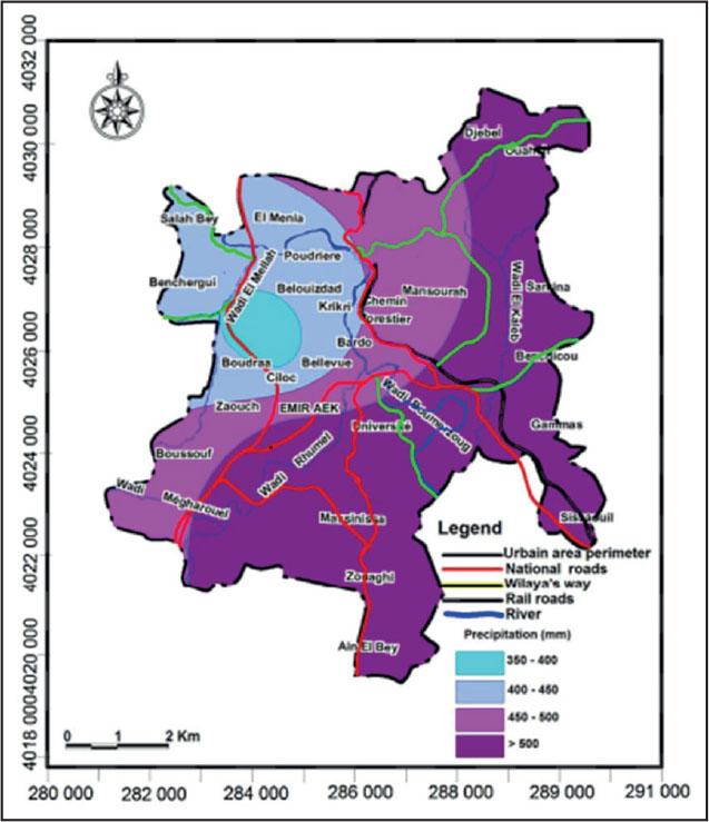Spatial distribution of the average annual rainfall in 1980–2012 in the city of Constantine
Source: Bourenane et al. (2014).