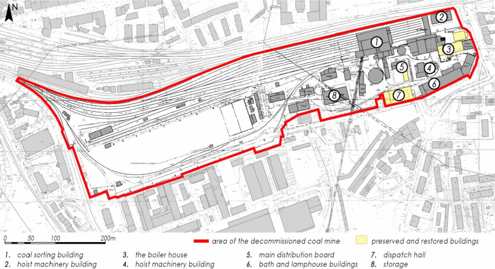 Development plan for Coal Mine “Rozbark” area on the Chorzowska Street. Source: Author study on the basis of data from the Archives of the State Mining Authority in Katowice