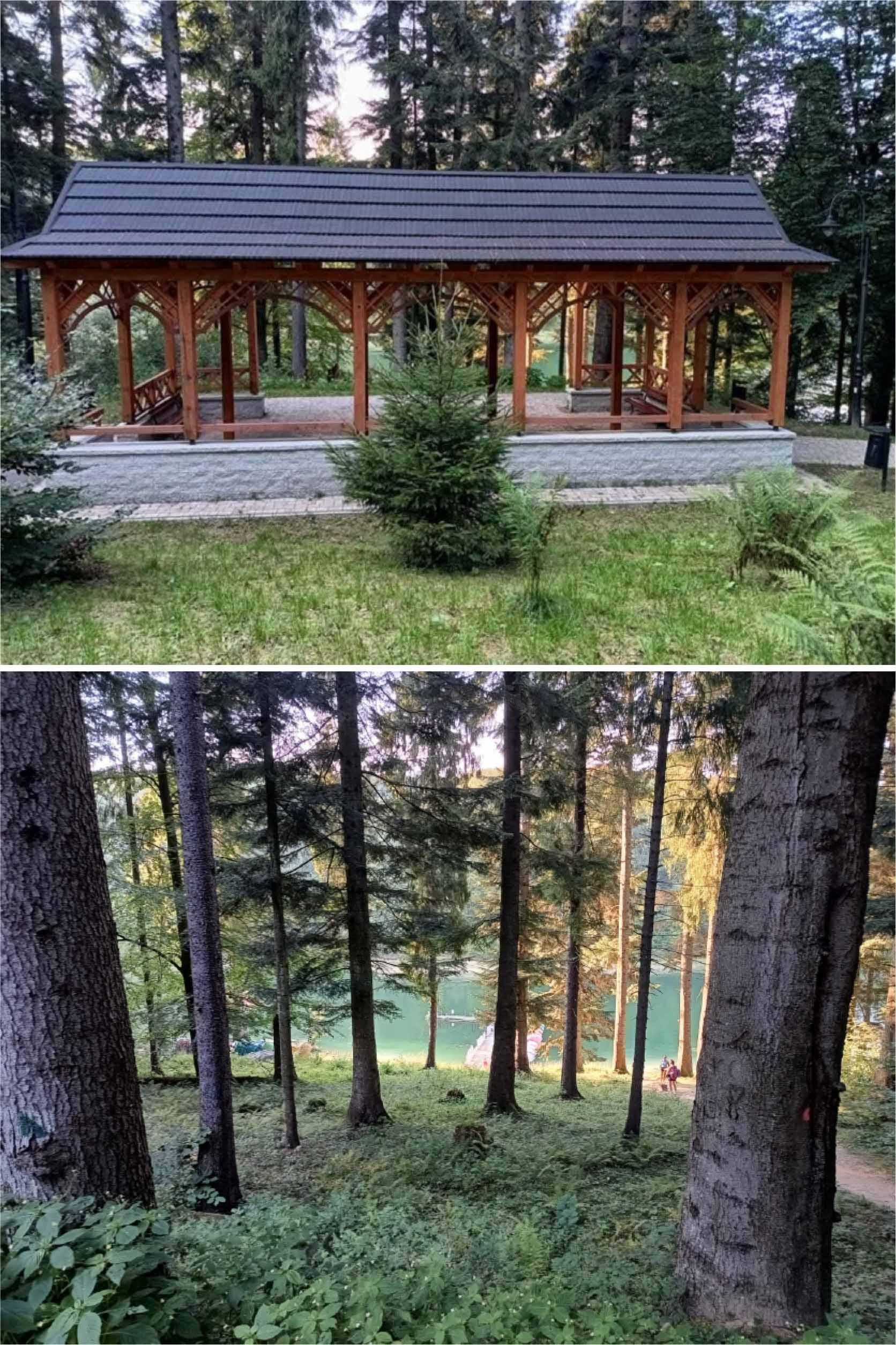 Polańczyk City, a gazebo referring to the regional architecture and old trees in the Spa Park, August 2024, source: own work
