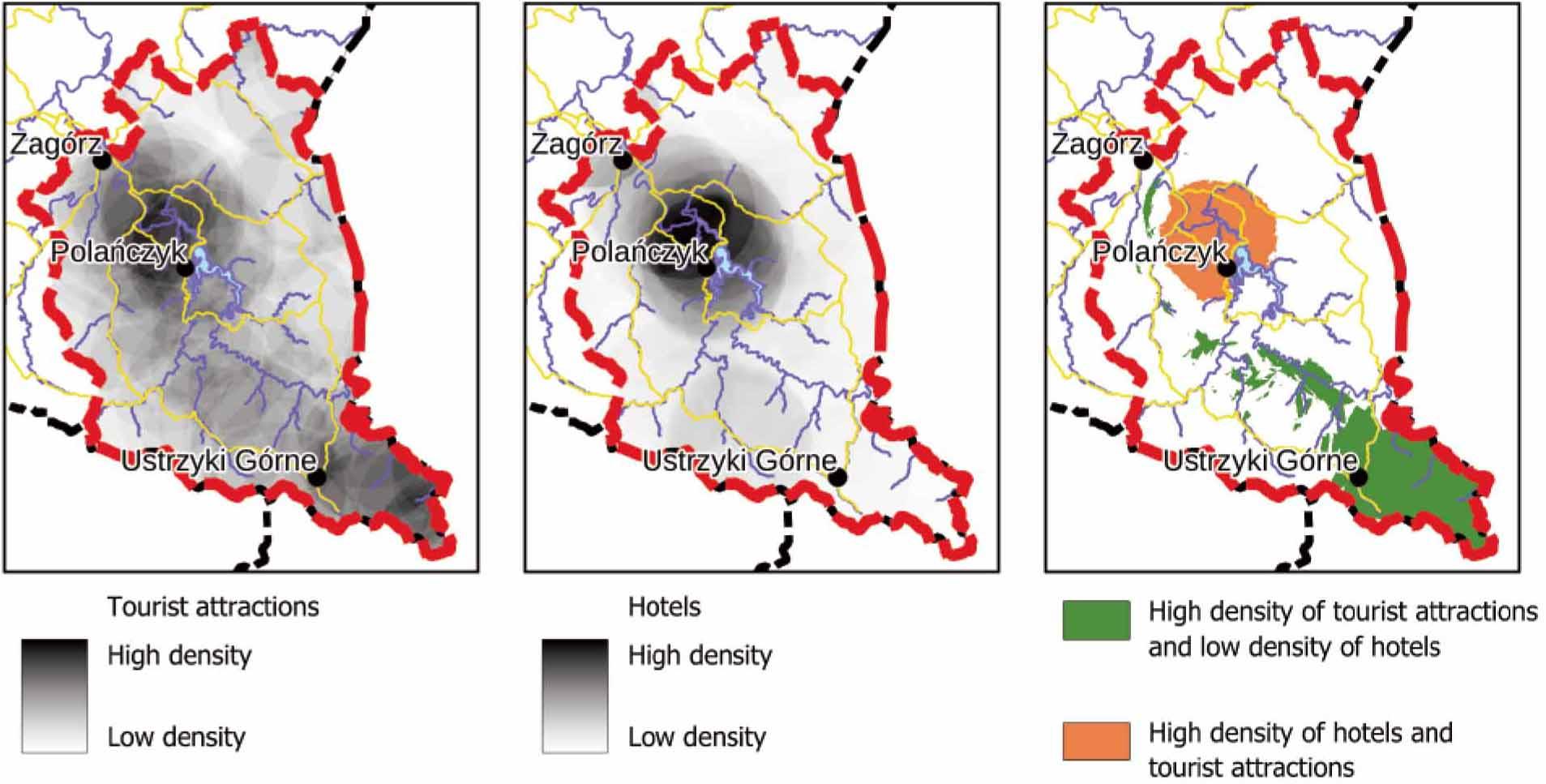 Analysis of the density of tourist attractions, the density of accommodation, multi-criteria analysis, source: own research