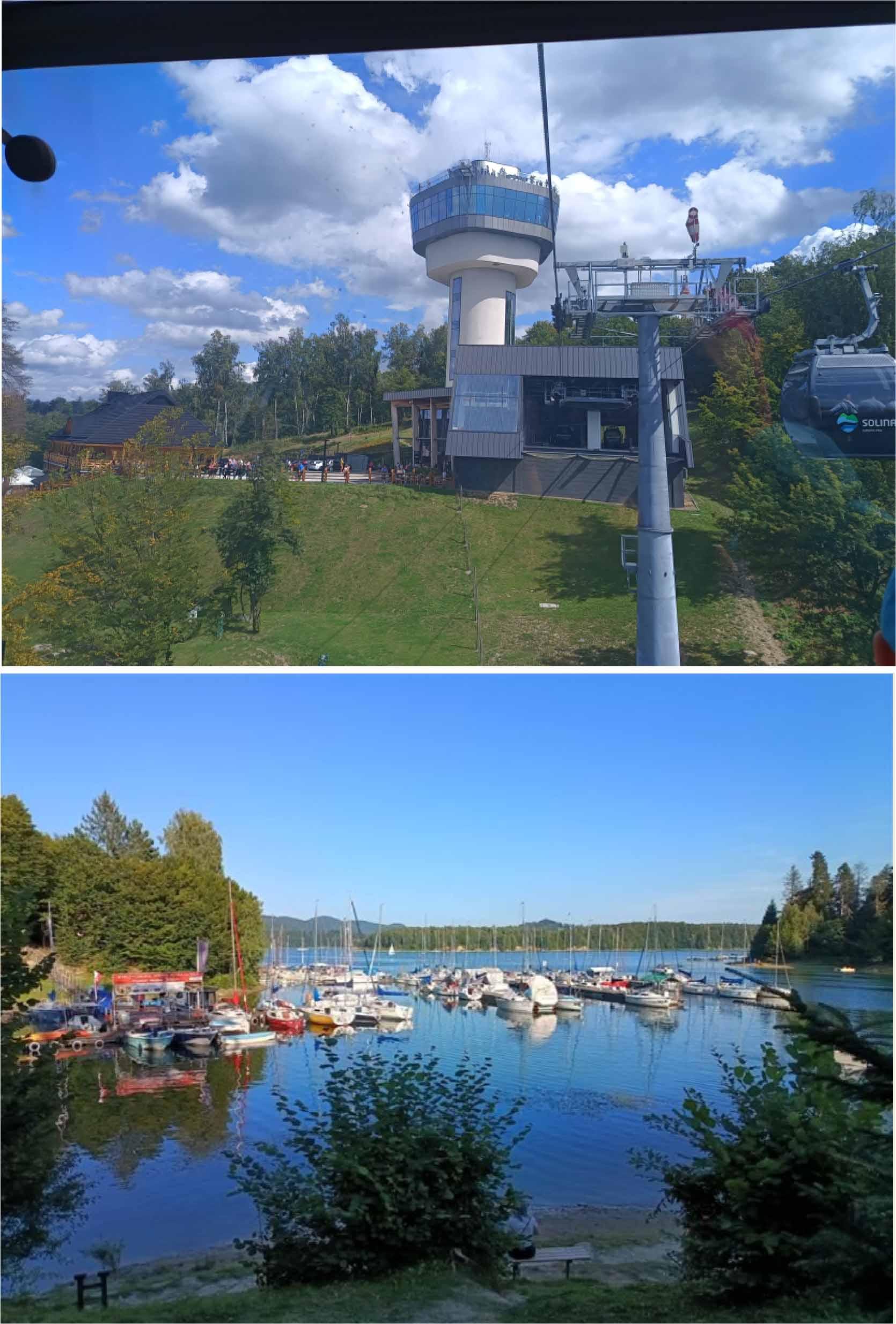 Polańczyk city, The Jawor Mountain with gondola lift and observation tower, Polańczyk city view to marina at Lake Solina, August 2024, source: own work
