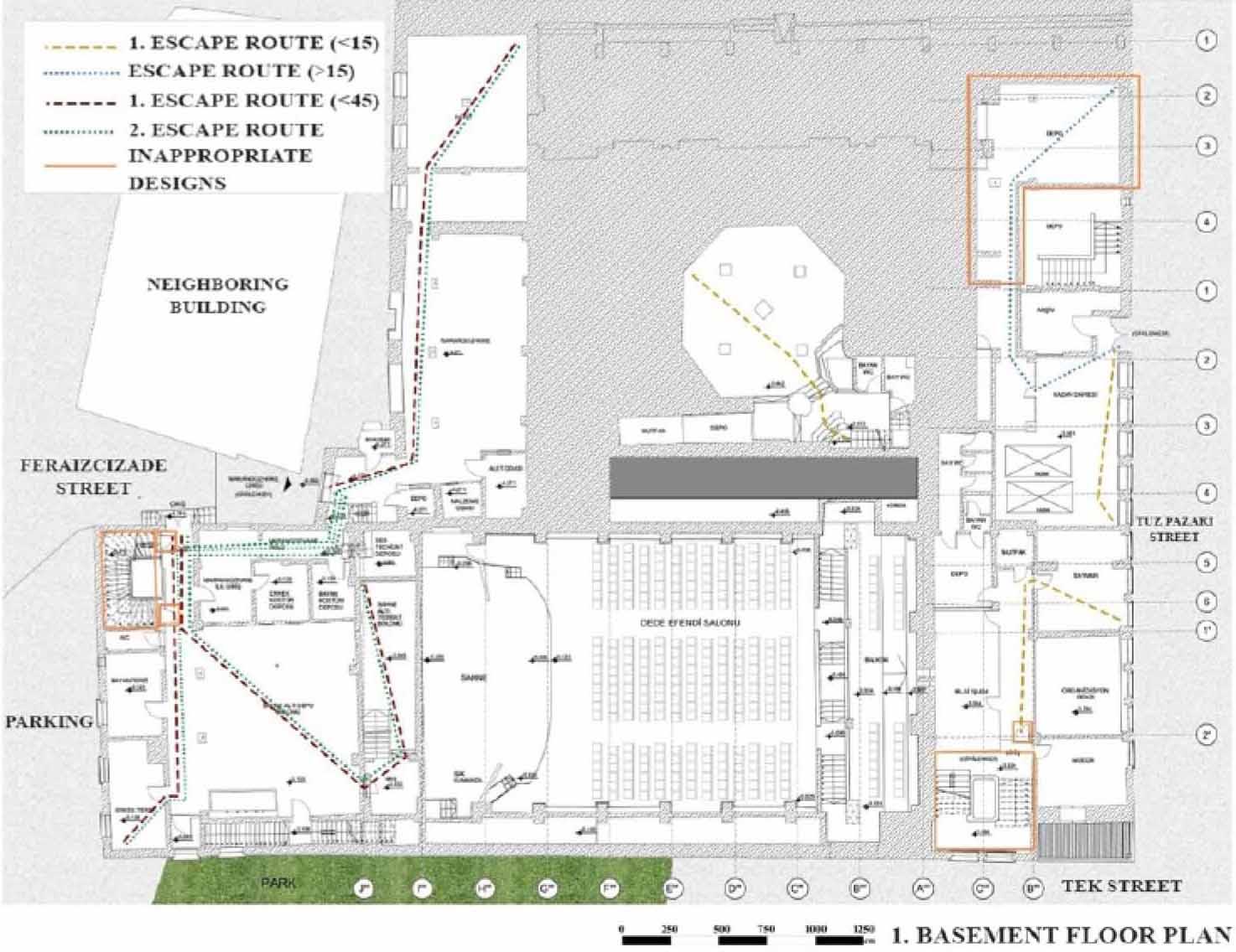 Analysis of Escape Routes in the First Basement Floor Plan. (Created by the author)