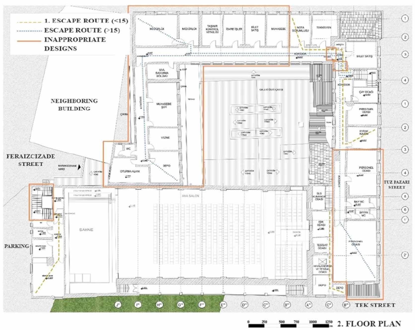Proposed Escape Routes in the Second Floor Plan. (Created by the author)