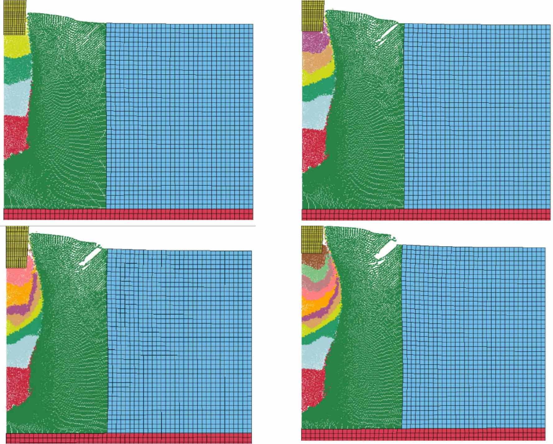 View of the model after the pounder blow in: a) 4 charges, b) 6 charges, c) 8 charges, d) 11 charges