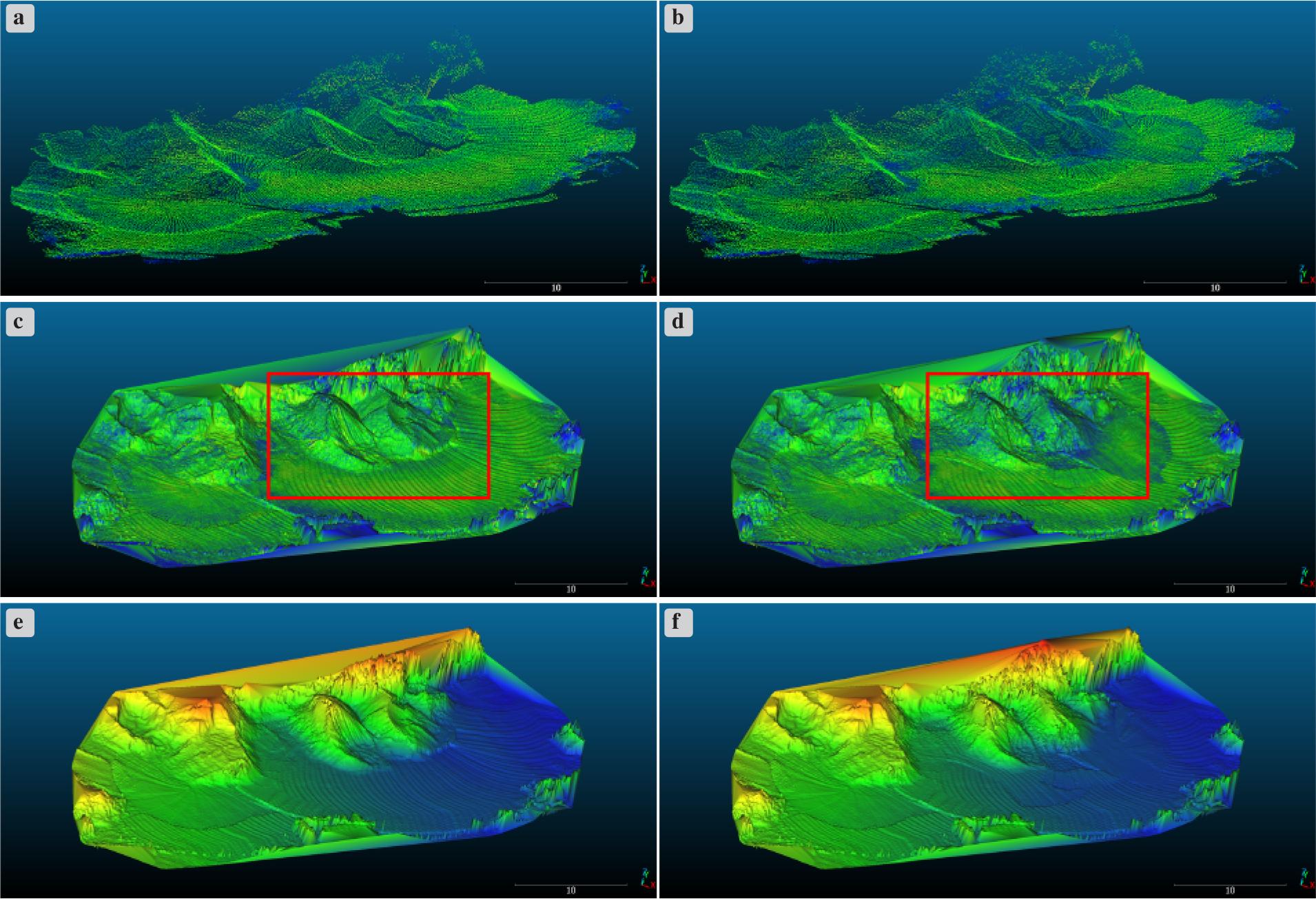 Point cloud (a), b)) and mesh model (c), d), e), f)) from the conducted test measurement: before (a), c), e)) and after (b), d) f)) the pile was modified with an excavator. The colours for graphics a), b), c) and d) are the LiDAR laser beam intensity, while for graphics e) and f) it is the height map. The area of changes has been marked with a red rectangle