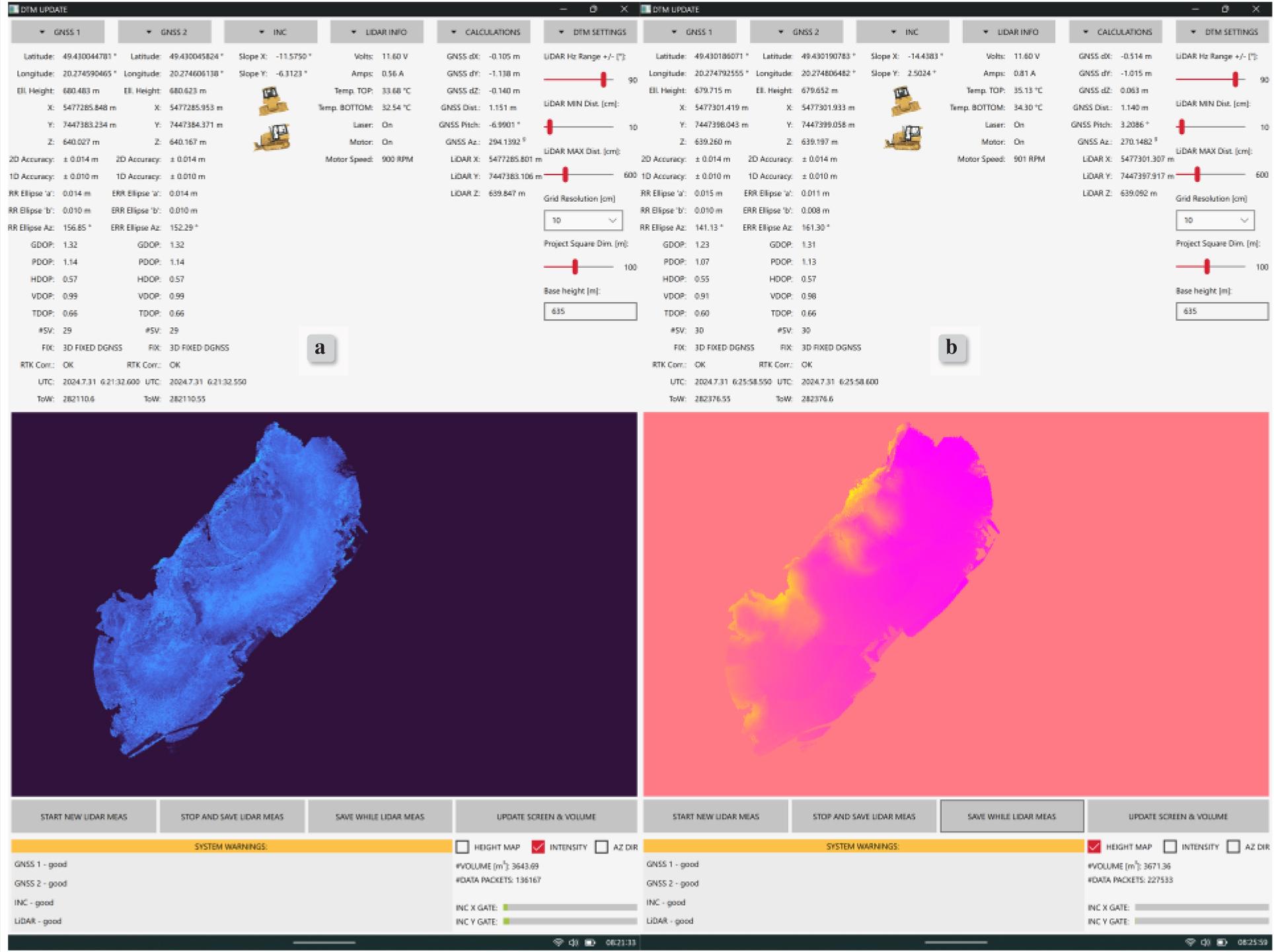Screenshots from the program’s field application. The image a) shows a view of the cloud with LiDAR beam reflectance intensity colors, before the pile was modified. The image b) shows a view of the cloud where the colors of the points are determined by their height, after the pile was modified and the changes captured, just before the program stopped running