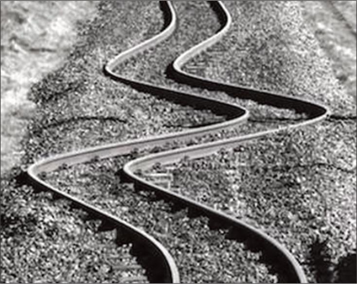 Railroad tracks bent due to linear thermal expansion (image source: https://thermtest.com/what-is-coefficient-of-thermal-expansion-how-to-measure-it).