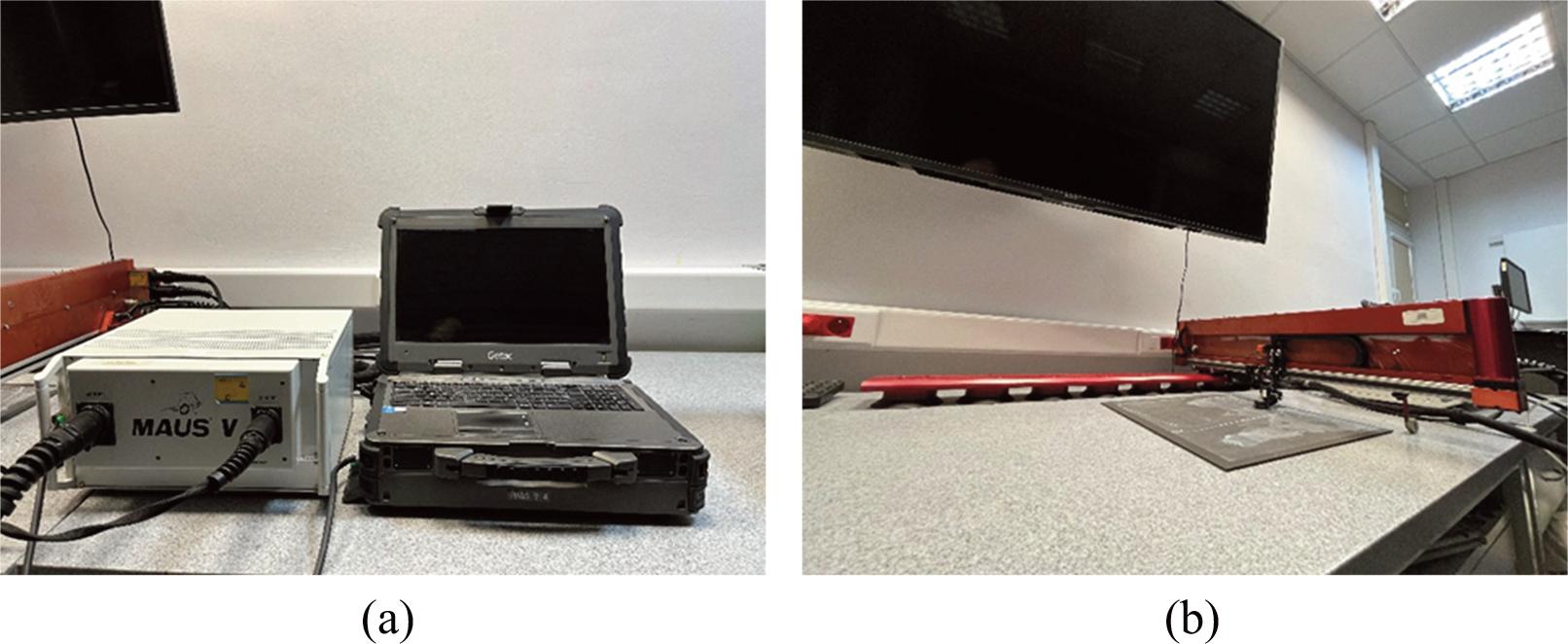 Components of MAUS V system. PC (a) and track with trolley, arm and sensor (b).