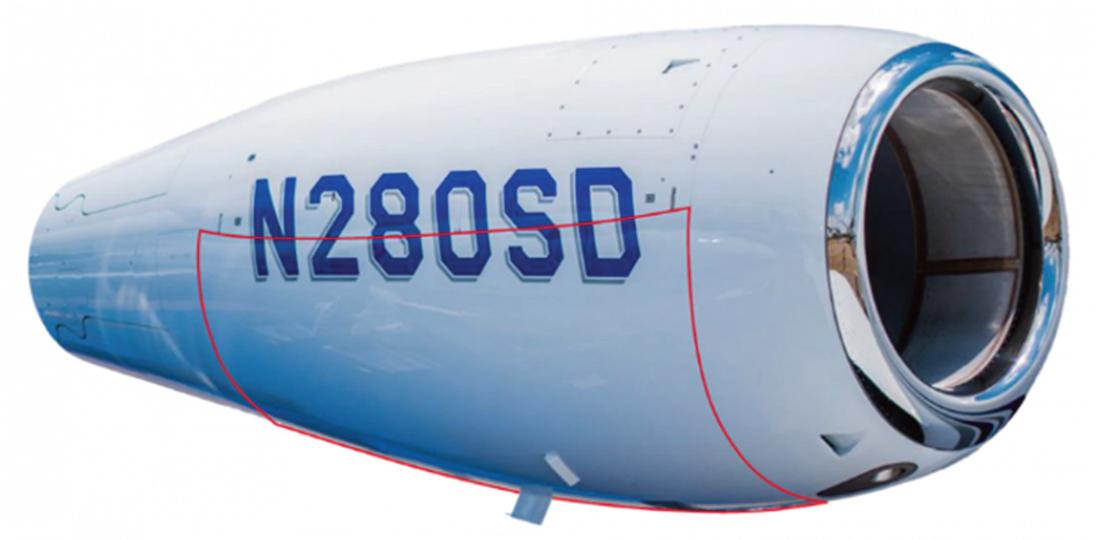 Honeywell HTF7000 nacelle. The contour of the tested part is marked with a red line. Original image source: Safran Group (2021).