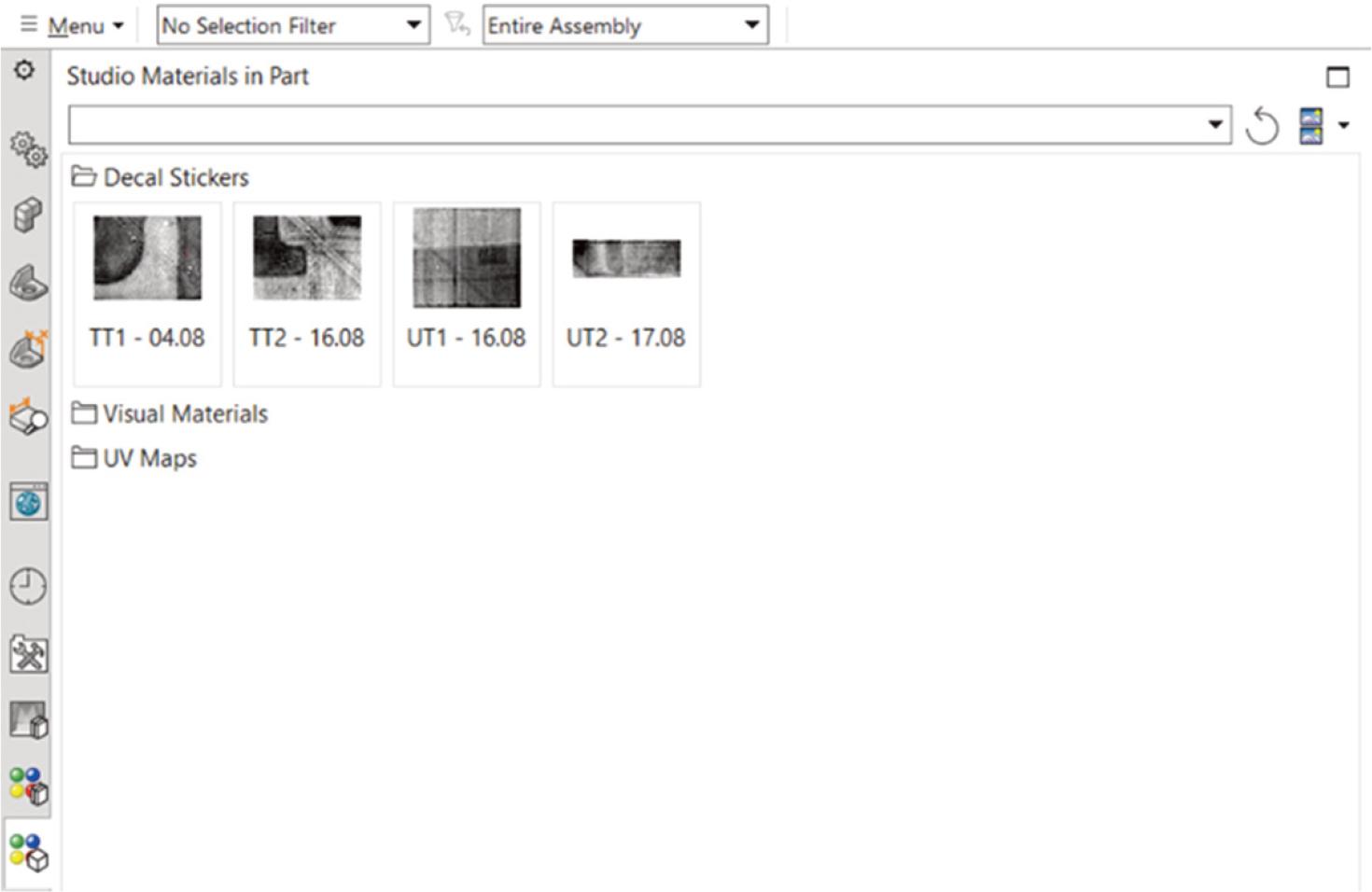 Decal Sticker folder containing mapped/projected images presented in the form of thumbnails.