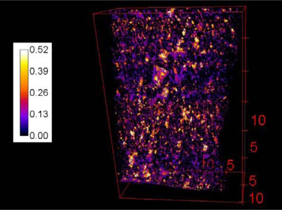 Segmented image emphasizing the voids of sample OJC_965 (in mm).