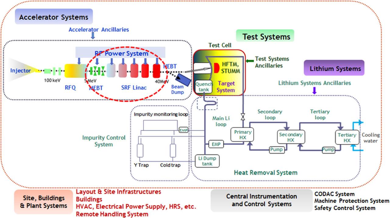Scheme of DEMO oriented neutron source. The section of interest to us is within the red elliptical dashes. Courtesy of Dr. W. Królas.