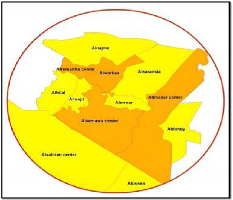 The map displays the districts and sub-districts of the Al-Muthanna Governorate.