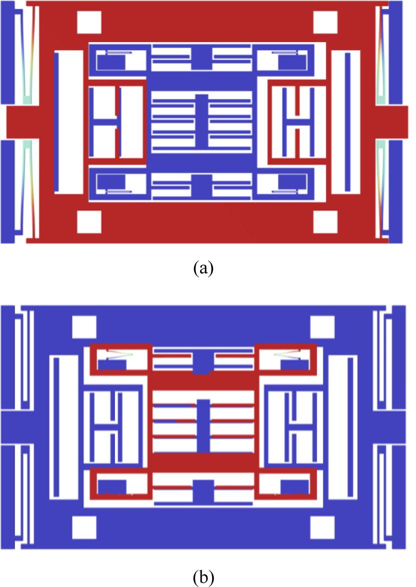The two effective modes of the biaxial accelerometer: (a) X-axis working mode, frequency is 4149 Hz; (b) Y-axis working mode, frequency is 7454 Hz.