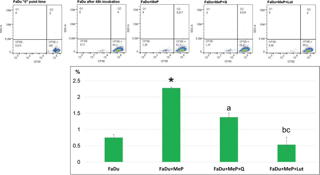 Percentage of proliferating FaDu cells. Cytometric analysis of the percentage of proliferating FaDu cells after 48-h incubation with MeP and MeP + Q and MeP + Lut. Error bars represent the SD (±SD) of the mean values from two independent experiments per line. *Difference with cells untreated with MeP; adifference with cells treated with MeP + Q (p < 0.05); bdifference with cells treated with MeP + Lut (p < 0.05); cdifference between cells treated with MeP + Lut and cells treated with MeP + Q (p < 0.05). MeP, Methylparaben; SD, standard deviation.