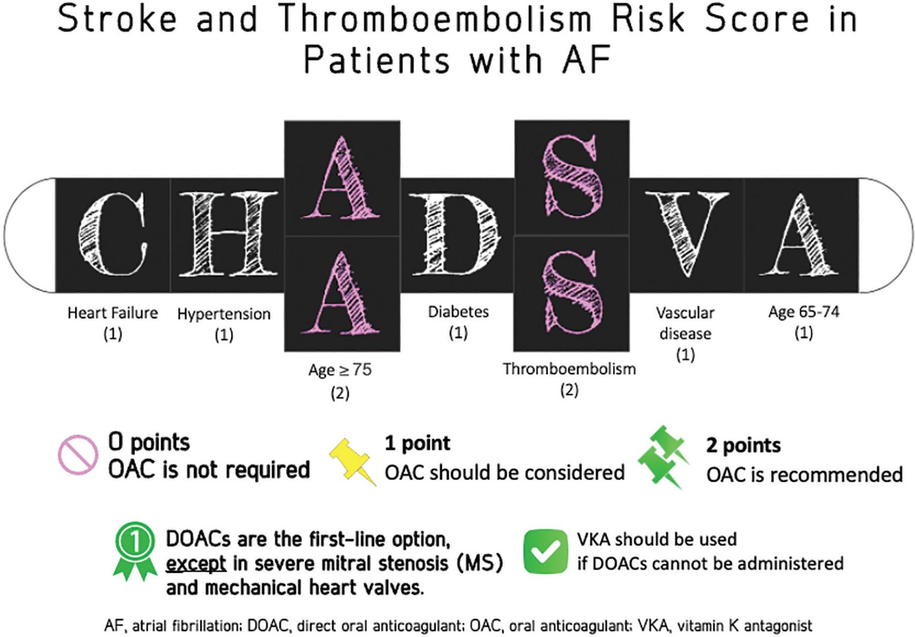 Utilization of CHA2DS2-VA score for assessing the risk of ischemic stroke and thromboembolism. AF, atrial fibrillation; DOAC, direct oral anticoagulant; OAC, oral anticoagulant; VKA, vitamin K antagonist.