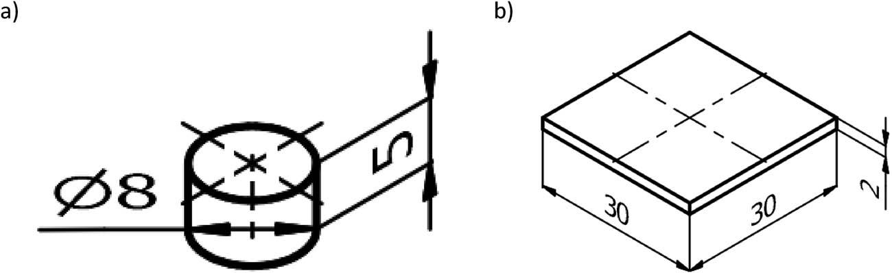 Dimensions of test specimens: (a) The pin-on-disc test and (b) the abrasion resistance test.