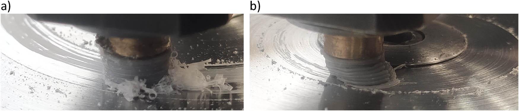 The PLA specimen and steel disc after cooperation with parameters: (a) v = 0.5 m/s and p = 0.7 MPa. Visible “braid, plume” of wear products behind the specimen, as well as “smears” of plastic on the disc and scattered, free wear products and (b) v = 0.33 m/s and p = 3.0 MPa, specimen deformed due to excessive temperature.
