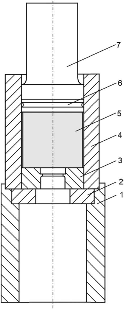 Tool set for extrusion testing of model material (1 – container base, 2 – support plate, 3 – die, 4 – container, 5 – billet, 6 – embosser, and 7 – punch).