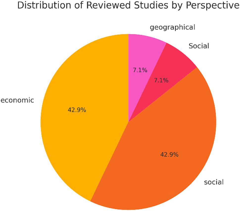 Distribution of the 50 reviewed publications by research perspective (economic, social, or both). Source: Authors’ elaboration based on systematic review results.
