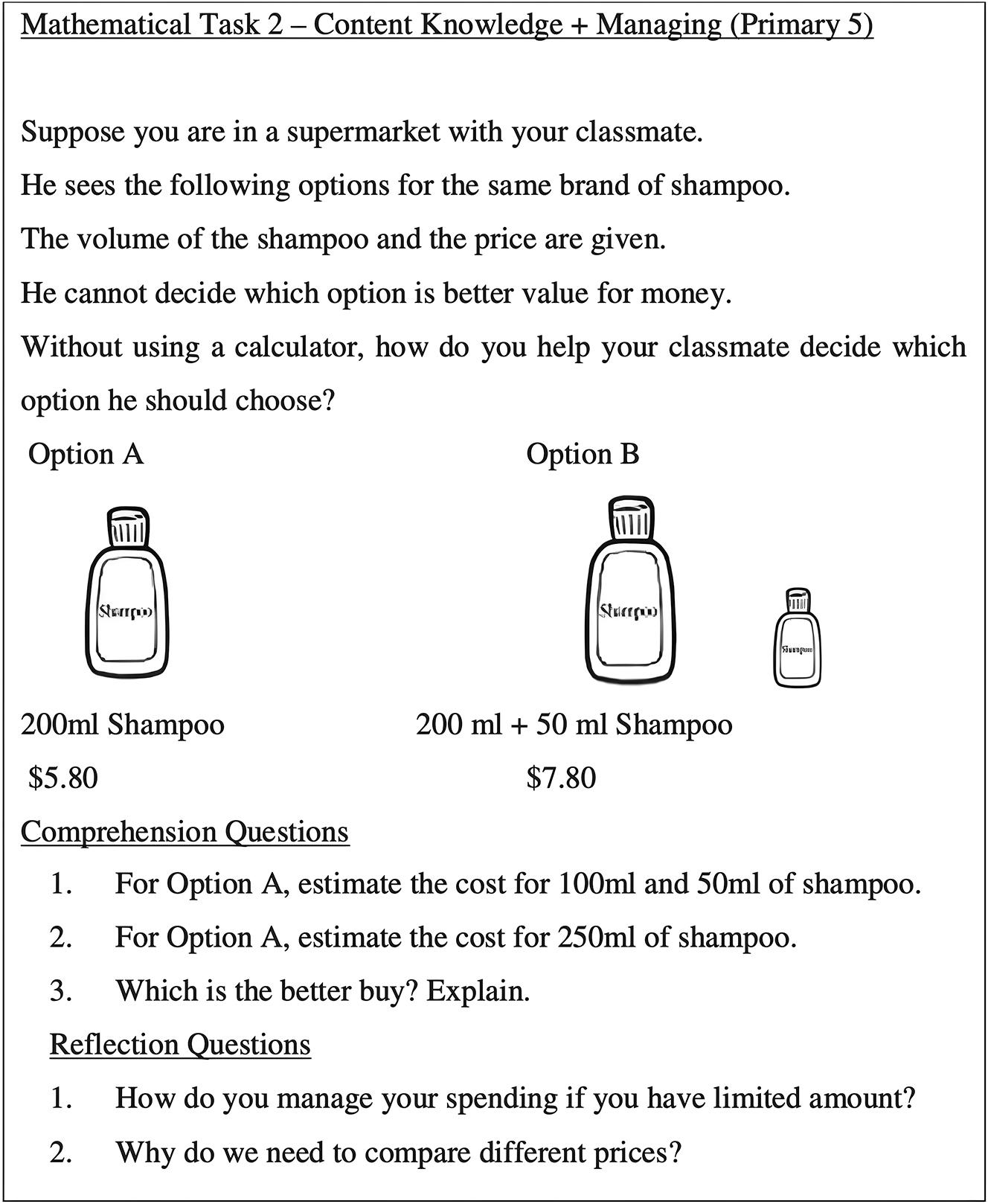 Examples of math problems with mathematics content knowledge and context managing (Yeo 2016).